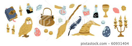 school of magic objects isolated - owl, potion 60931404
