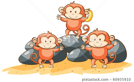 Three monkeys on white background - Stock Illustration [60935910] - PIXTA