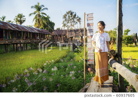 Thai girl walk on paddy and rice farm in lamduan Thai girl walk on paddy and rice farm in lamduan 60937605