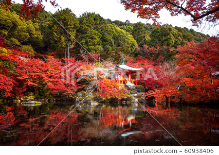 Pavilion and Wooded bridge in Daigoji temple with 60938406
