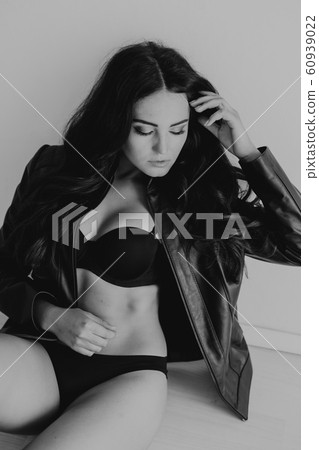 brunette girl in leather jacket and black lingerie brunette girl in leather jacket and black lingerie 60939022