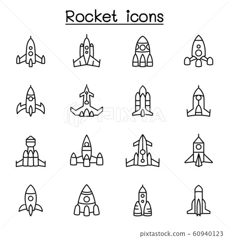 Rocket, spaceship, spacecraft icon set in thin 60940123