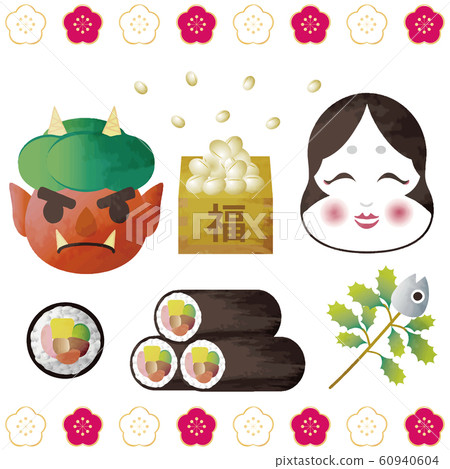 Setsubun豆豆Tafuku惡魔設置水彩觸摸模擬風格 60940604