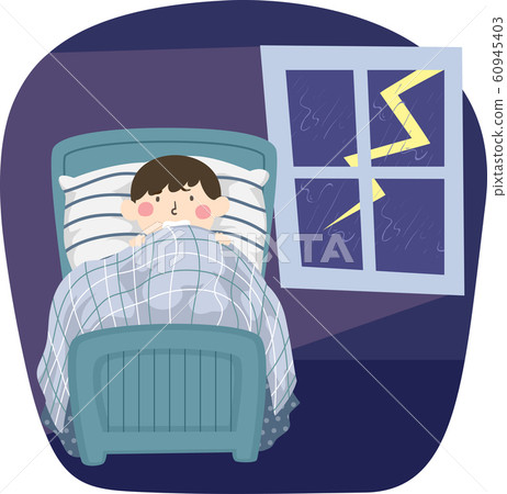 Kid Boy Scared Lightning Bed Illustration 60945403