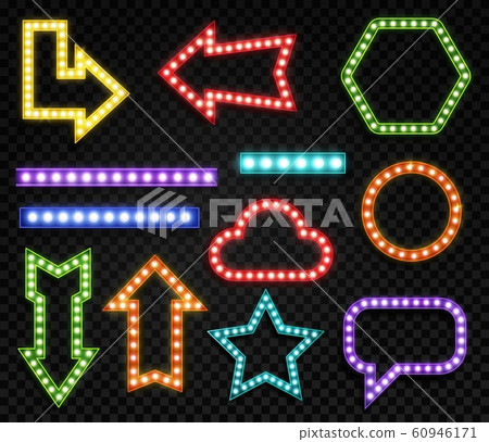 Signs with lamps. Realistic glowing symbols of different forms. Blue, red and yellow neon bulbs marketing frame for title advertising vector set Signs with lamps. Realistic glowing symbols of different forms. Blue, red and yellow neon bulbs marketing frame for title advertising vector set 60946171