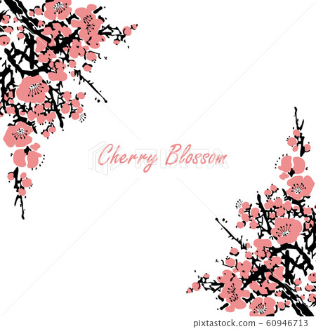 Cherry blossom event template with hand drawn branch with pink cherry flowers blooming. Sakura blossoming festival banner. Chinese or Japanese traditional drawing - Vector Cherry blossom event template with hand drawn branch with pink cherry flowers blooming. Sakura blossoming festival banner. Chinese or Japanese traditional drawing - Vector 60946713