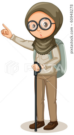 Muslim girl with hiking stick on white background Muslim girl with hiking stick on white background 60948278