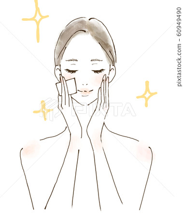 Woman removing makeup putting moisturizing watercolor style illustration handwriting 60949490