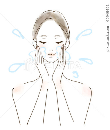 Woman washing face moisture beauty care rinse handwritten illustration watercolor style 60949491
