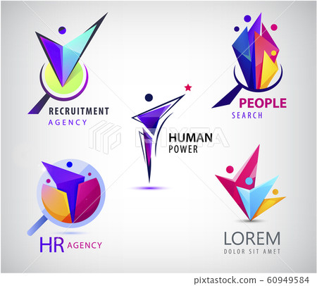 Vector set of human, faceted people logo. Hr search, recruitment logos. Origami people, 3, 4,1 person inside the magnifier, job search Vector set of human, faceted people logo. Hr search, recruitment logos. Origami people, 3, 4,1 person inside the magnifier, job search 60949584
