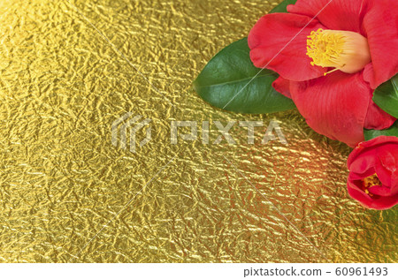 Greeting card with camellia flower and gold leaf paper, also called winter rose. 60961493