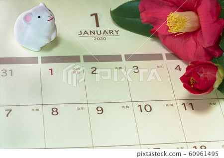 The camellia flowers, also known as winter roses, and the 2020 zodiac signs on the Japanese calendar that opens on the January page The camellia flowers, also known as winter roses, and the 2020 zodiac signs on the Japanese calendar that opens on the January page 60961495