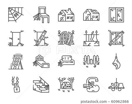 Abandoned house line icon set. Abandoned house line icon set. 60962866
