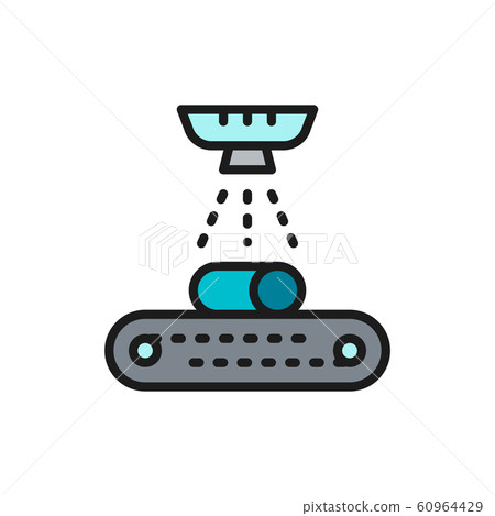 Cleaning and painting metals on conveyor belt, cooling flat color line icon. 60964429