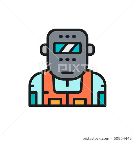 Metallurgist in a protective mask flat color line icon. 60964442