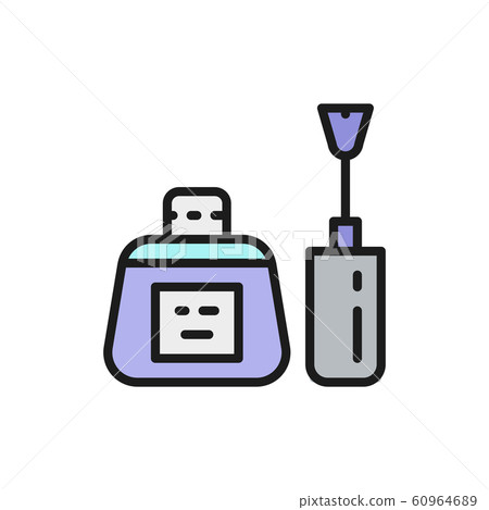 Nail polish bottle with brush, manicure base, nails gel flat color line icon. 60964689