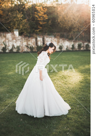 Beautiful bride posing in wedding dress outdoors Beautiful bride posing in wedding dress outdoors 60965814