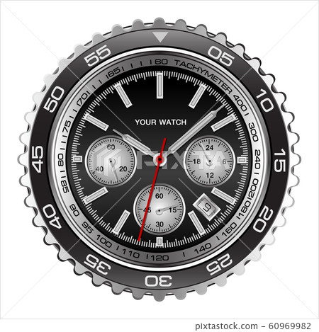 Realistic wristwatch face black steel chronograph luxury for men on white background vector illustration. Realistic wristwatch face black steel chronograph luxury for men on white background vector illustration. 60969982