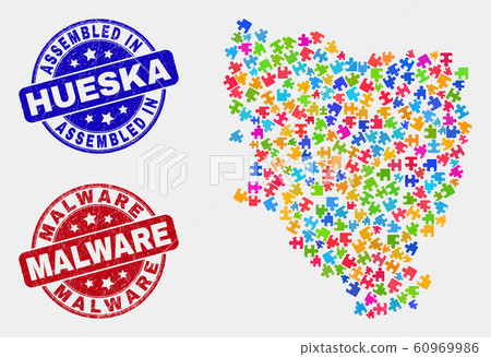 Puzzle Hueska Province Map and Grunge Assembled and Malware Stamp Seals 60969986