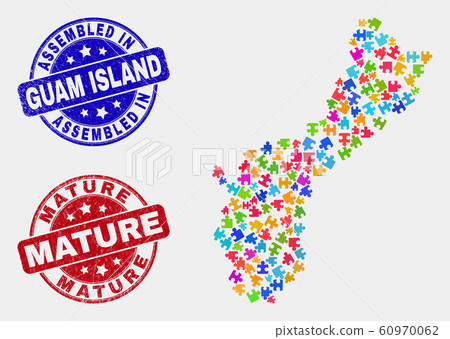 Puzzle Guam Island Map and Scratched Assembled and Mature Seals 60970062