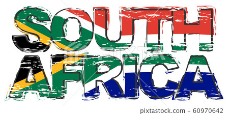 Text SOUTH AFRICA with national flag under it, Text SOUTH AFRICA with national flag under it, 60970642