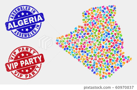 Puzzle Algeria Map and Grunge Assembled and Vip Party Stamps 60970837