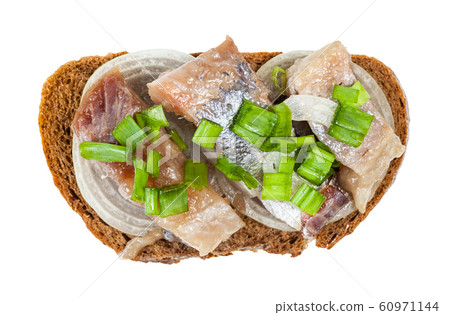 top view of open sandwich with herring and onion top view of open sandwich with herring and onion 60971144