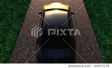 3D rendering car moves on asphalt road with green grass. Computer generated modern realistic background 3D rendering car moves on asphalt road with green grass. Computer generated modern realistic background 60973276
