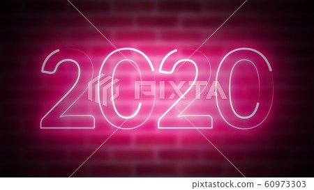 New Year neon sign 2020 on a background of brickwork, computer generated. 3d rendering of New Year Celebration 60973303