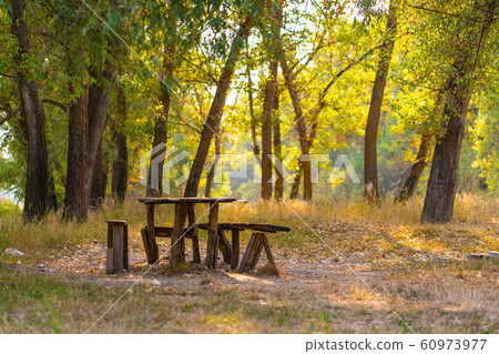 A table and two benches from a rough log house. A table and two benches from a rough log house. 60973977