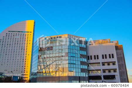 Yokohama cityscape in Japan, looking at the Ferris wheel reflected in the Manyo Club 60978484
