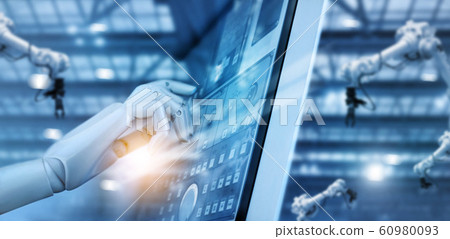 Hand of robot working on control panel in intelligent factory industrial monitoring system software. Check and control automation robot arms machine. AI. Welding robotics and digital manufacturing ope 60980093