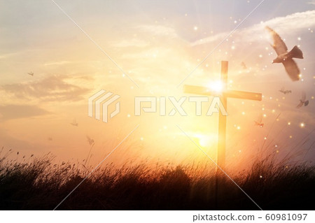 Silhouette christian cross on grass at sunrise Silhouette christian cross on grass at sunrise 60981097