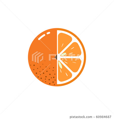 Orange fruit sphere with half slice logo, flat... - Stock Illustration ...