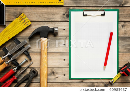 Work tools for carpenter and notepads. Carpentry. 60985687