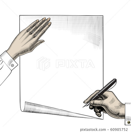 Hand with a pen. Retro design element. 60985752