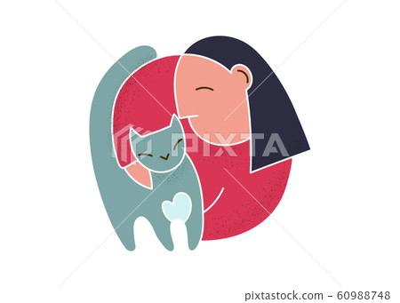 Trendy cartoon woman holding cat simple vector 60988748