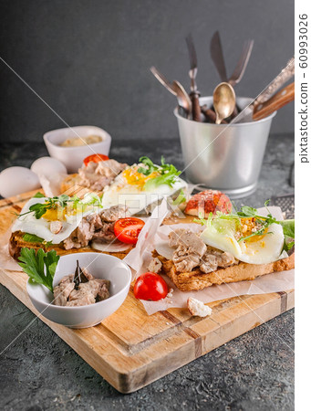 Vertical shot sandwiches with fish pate, herbs Vertical shot sandwiches with fish pate, herbs 60993026