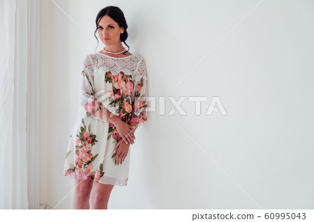Portrait of a beautiful fashionable brunette woman in a dress with the colors of the house Portrait of a beautiful fashionable brunette woman in a dress with the colors of the house 60995043