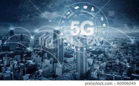 Futuristic city with 5G internet and application icons, Smart city 60996049