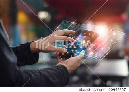 Cyber security. Data protection concept. Banking security. Hands touching digital icon padlock and network connection on mobile smartphone, virtual interface screen. 60996237