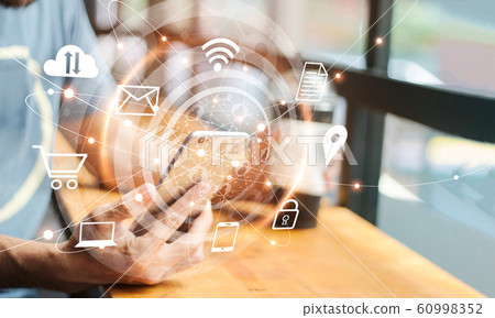 Abstract digital marketing. Man using mobile global network connection and icon customer on screen. Social media, Networking and business technology. 60998352