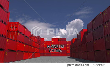 Many cargo containers with MADE IN CHINA text and national flags. Chinese import or export related 3D rendering 60999050