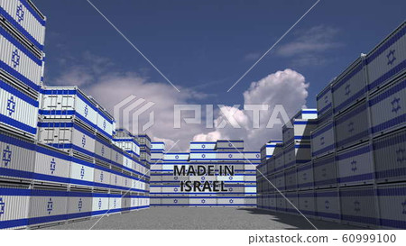 Many cargo containers with MADE IN ISRAEL text and national flags. Israeli import or export related 3D rendering Many cargo containers with MADE IN ISRAEL text and national flags. Israeli import or export related 3D rendering 60999100