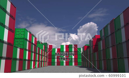 Many cargo containers with MADE IN ITALY text and national flags. Italian import or export related 3D rendering Many cargo containers with MADE IN ITALY text and national flags. Italian import or export related 3D rendering 60999101