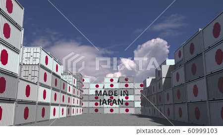 Cargo containers with MADE IN JAPAN text and national flags. Japanese import or export related 3D rendering Cargo containers with MADE IN JAPAN text and national flags. Japanese import or export related 3D rendering 60999103