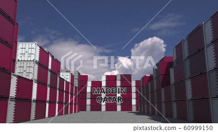 Many cargo containers with MADE IN QATAR text and national flags. Qatari import or export related 3D rendering 60999150