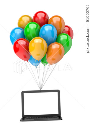 Bunch of Balloons Holding Up a Laptop Computer 61000763