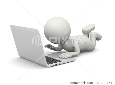 Small White 3D Character Using a Laptop Computer 61000765