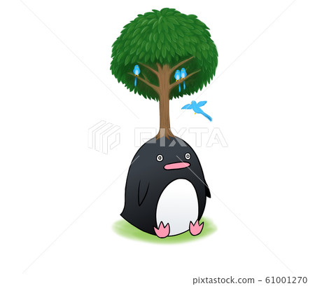 一隻從樹頂長出的樹的企鵝，其中棲息著四隻藍鳥（木仙子，圖畫書，幻想，插圖） 61001270